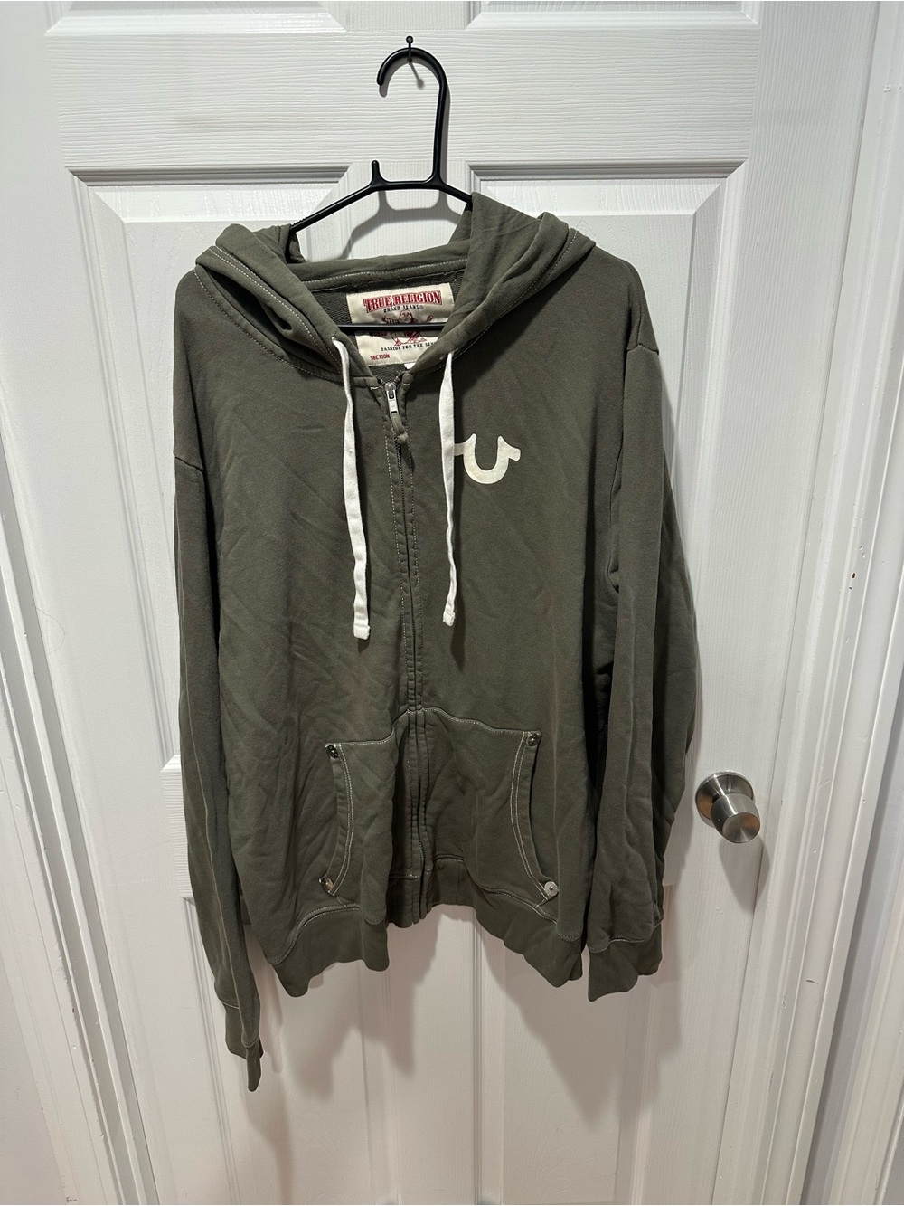 True Religion Olive Zip Hoodie with White Logo Accent